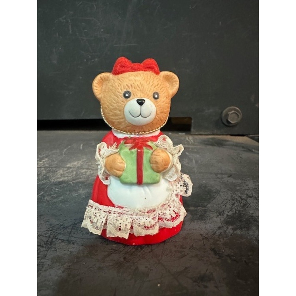 Vintage 1985 Ceramic Christmas Teddy Bear Bell Red Dress Lace‎ Trim 3.25 Inch